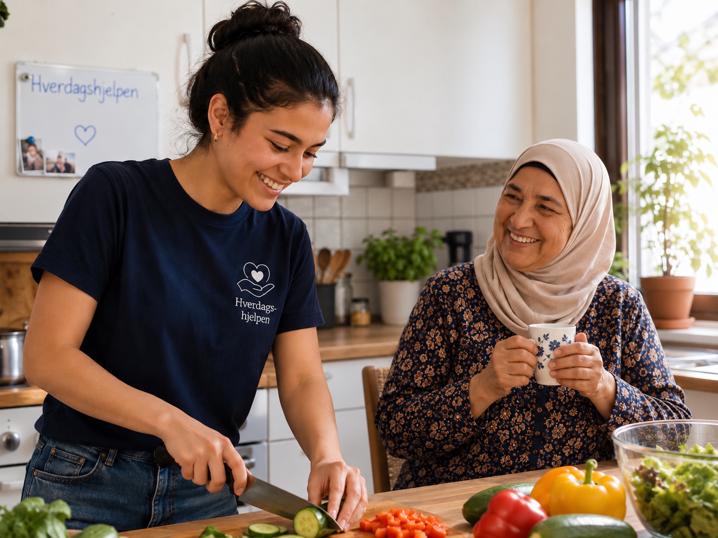 Yngre Hverdagshjelpen-medarbeider lager maten alene mens en eldre kvinne med hijab sitter med en kaffekopp.