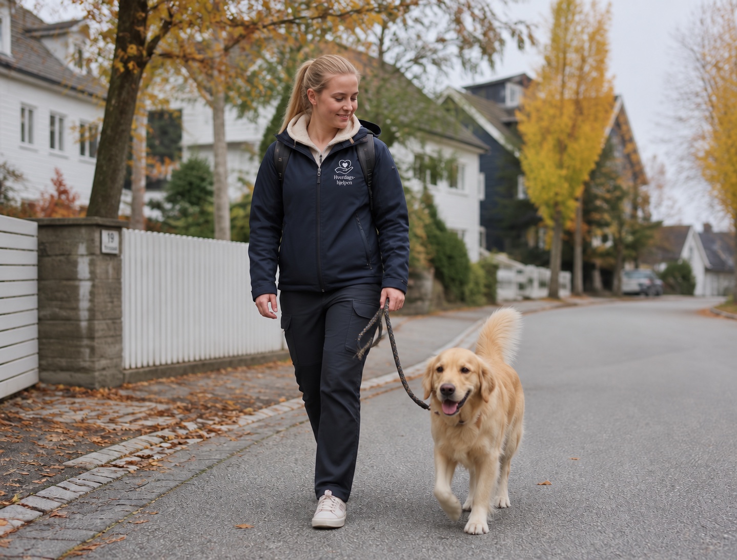 Hverdagshjelpen-medarbeider med korrekt logo går tur med en golden retriever i et norsk boligområde